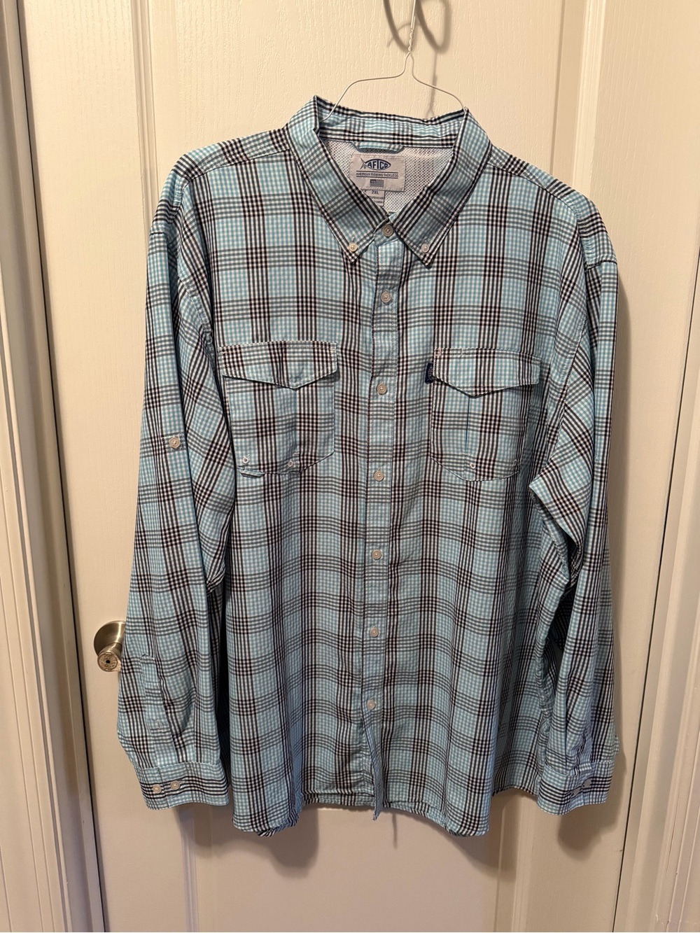 AFTCO Men's Light Blue and Brown Plaid Button-Down Shirt